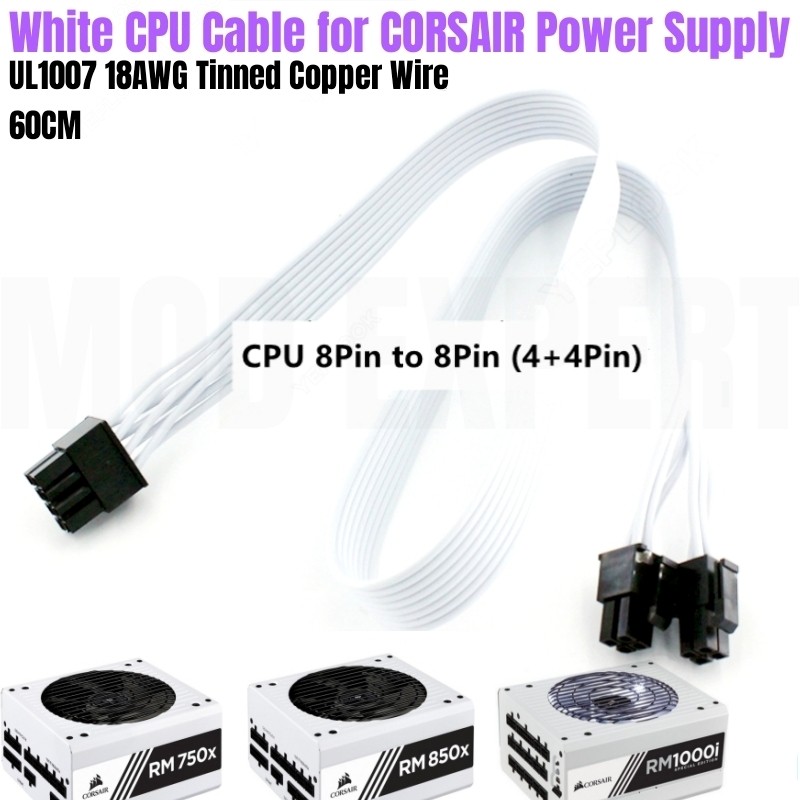 White EPS/ATX12V 8-PIN (4+4) CPU Power Cable 18AWG 60CM for CORSAIR RM750x RM850x RM750i RM850i
