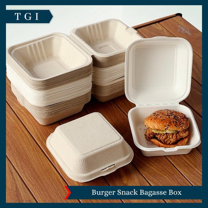 TGI - KOTAK BURGER KECIL SERAT TEBU ECOFRIENDLY BAGASSE BURGER BOX MINI CAKE BOX KOREAN BENTO BOX