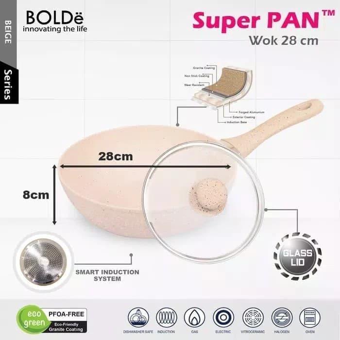 Wok Pan Granite Bolde 28Cm+Tutup Kaca-Wajan-Panci-Anti Lengket