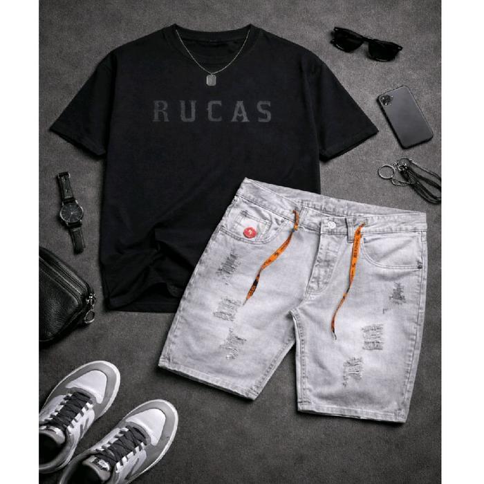 RUCAS Setelan Pria Hitam T-Shirt & Celana Jeans Pendek Abu-abu dengan Detail Orange Trendy