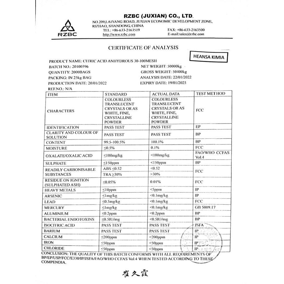 "New" CITRIC ACID ANHYDROUS 1KG