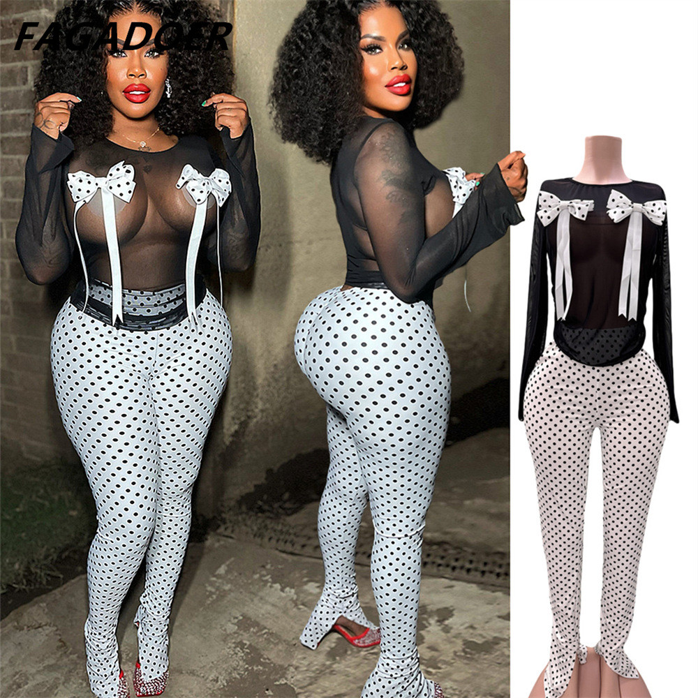 FAGADOER Vintage Y2k Polka Dot 2 Piece Sets Outfit Women Mesh See Through Bow Top and Stacked Pants