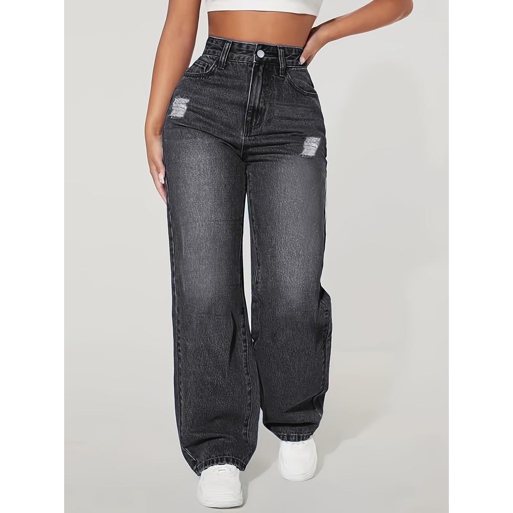 Loose Fit Elastic Fashionable Wide Leg Jeans, Blue Distressed Loose Wide Leg Jeans