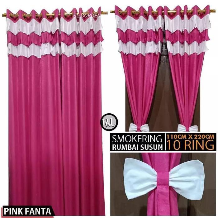 Gorden Jendela Pintu Kamar Minimalis Polos Embos Pink Model Poni Rumbai Susun