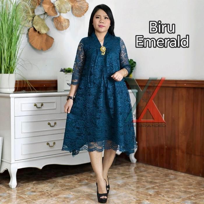 Dress Pesta Brukat Silvana Wanita Gaun Brokat V-Neck A-Line