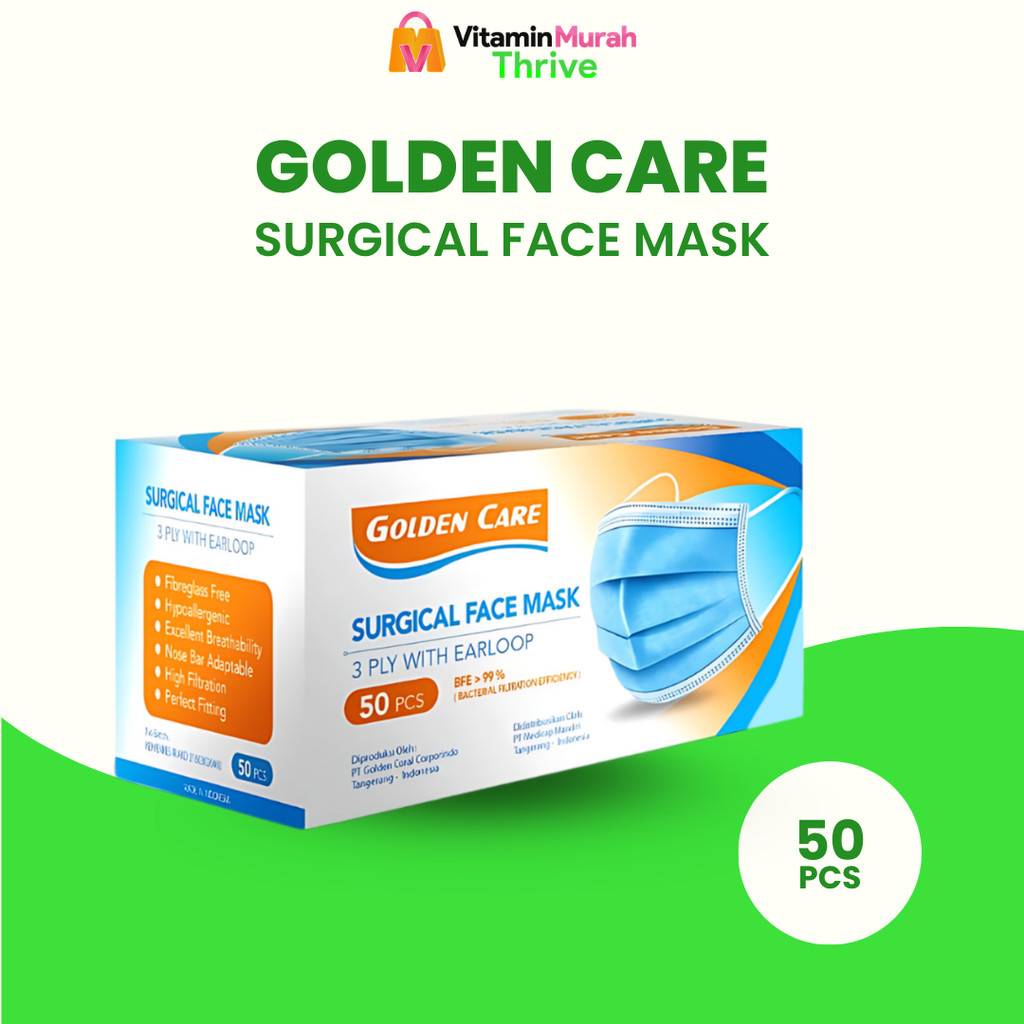 MASKER GOLDEN CARE 3 PLY WITH EARLOOP BFE 99 % 1 BOX ISI 50 PCS