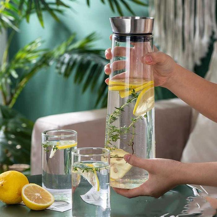 Pitcher Botol Minum Kaca Teko Kulkas 1,5 Liter Tutup Stainless Steel