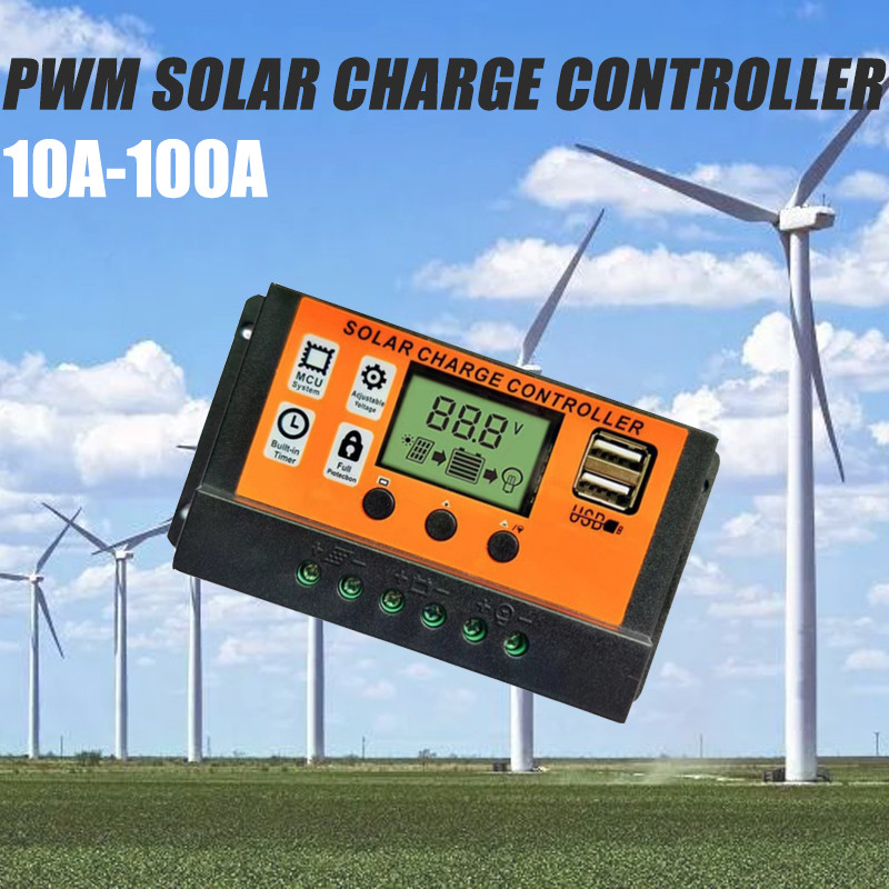 30A40A50A60A70A80A90A100A 12V 24V Auto Solar Charge Controller PWM Controllers LCD Dual USBOutput So