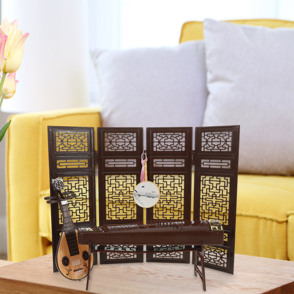 4pcs Mini House Guzheng Decor Furniture Model Mini Decor Chinese Style Fan Pipa Instrument Prop Home