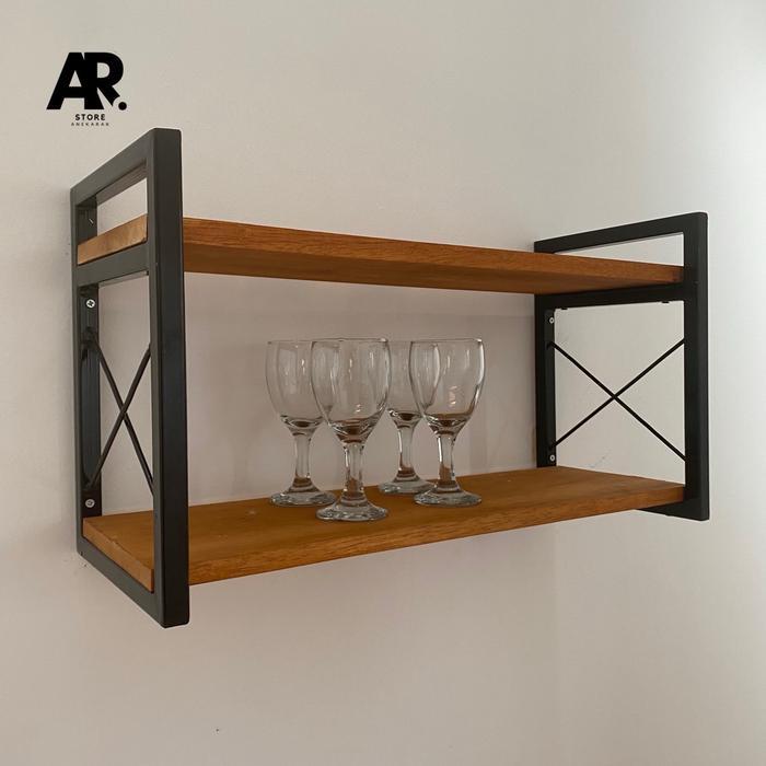 Rak dinding gantung Kichenset 2 susun rak dinding kayu besi serbaguna rak buku bumbu dapur besi