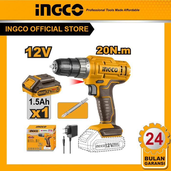 INGCO Bor Nirkabel 12V 20NM dengan 1 Mata Bor Cr-V 65mm, 1 Baterai 1.5Ah & 1 Charger untuk
