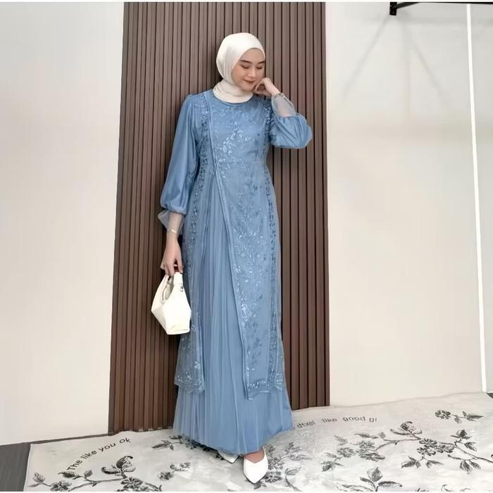 Terlaris Gamis Brokat 2025 Model Baru Shabira Dress Silk Kombinasi Brokat Burgundy Baju Lebaran 2025