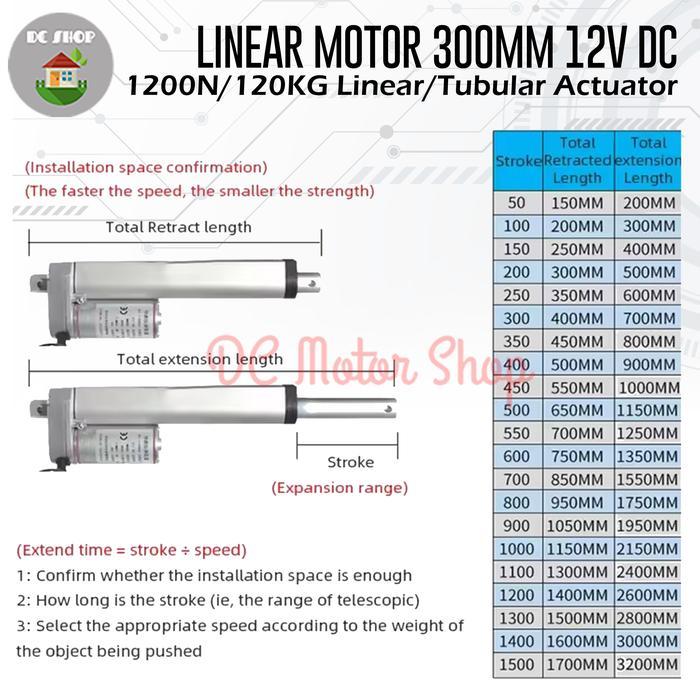 Linear Motor 300mm 12V DC 5mm/s 1200N / 120KG Linear/ Tubular Actuator
