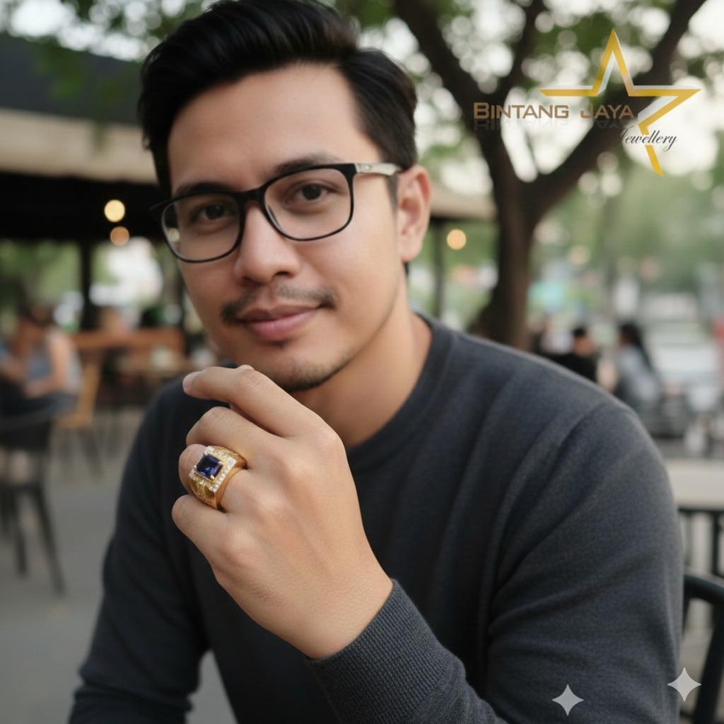 Cincin Emas Asli - Pria Batu Biru M Putih – Kadar GOLD (16K) – Berat 7.42gr – Desain Elegan & Stylis