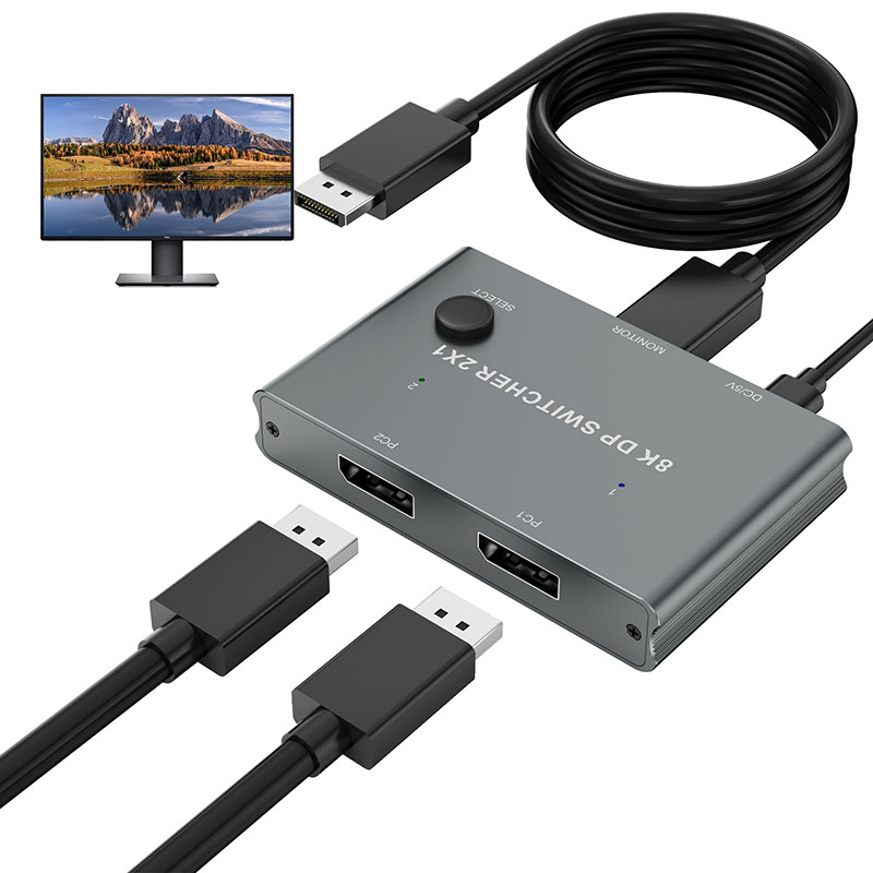 STOK TERBATAS  8K DisplayPort Switch 2 in 1 Out,DP Switches Splitter Selector Box with Button 8K@60H