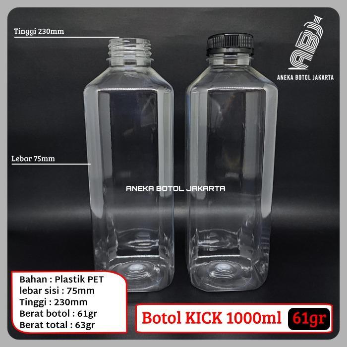 Botol Kick 1000ml 61gr tebal / Botol Plastik Kotak 1 liter