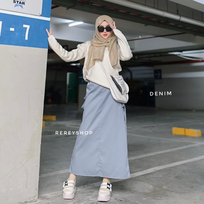 Rereyshop Rok Cargo Wanita Slim-fitting A-Line Panjang