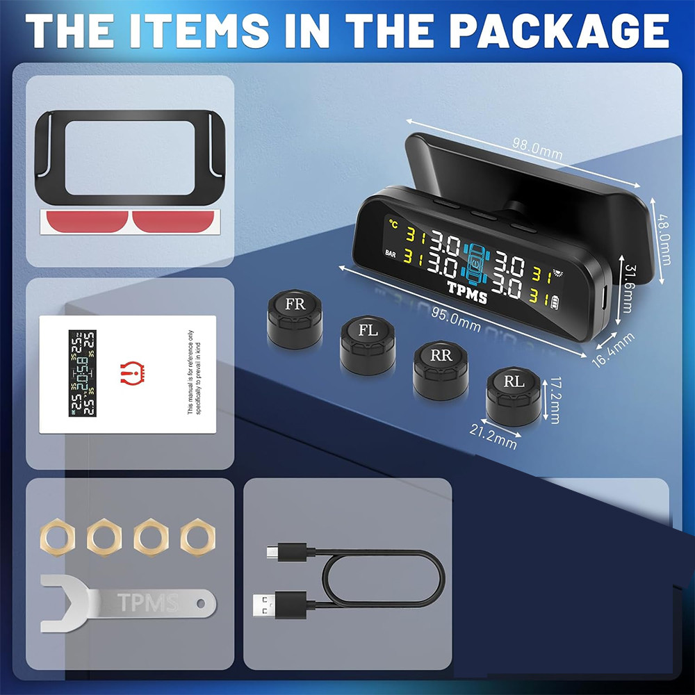 Tire Pressure Monitoring System with Solar Charge LCD Display Real TimeTPMS with 4 External Sensors