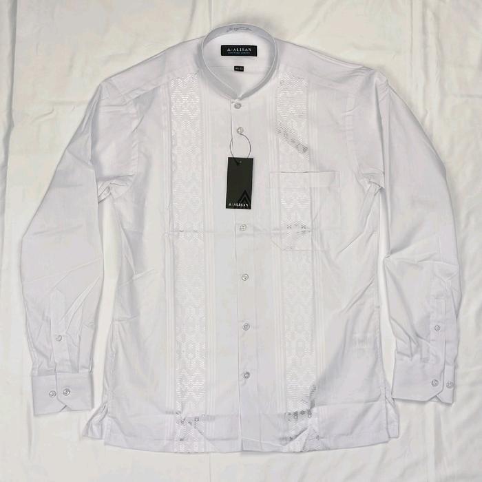 Kemeja Koko Alisan Pria Lengan Panjang Kerah Shanghai Bordir Putih
