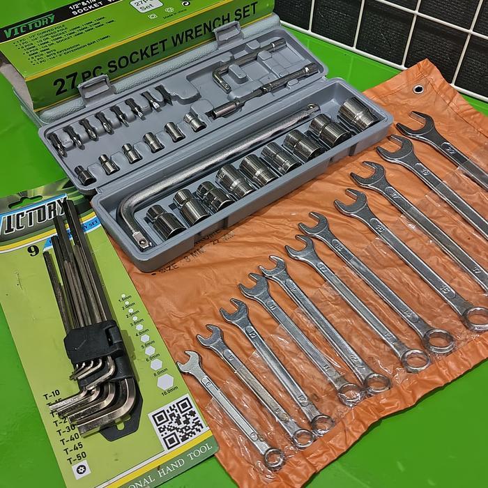 Paket Kunci Bengkel 3 Set Kunci Shock Sok Set 27 Pcs + Kunci Ring Pas Set 11 Pcs + Kunci L Panjang 9