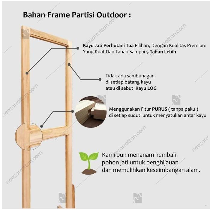 Partisi Outdoor Sketsel Rotan 3 Pintu Rangka Kayu Jati + Anyaman Rotan Pembatas Ruangan DENGAN Roda,