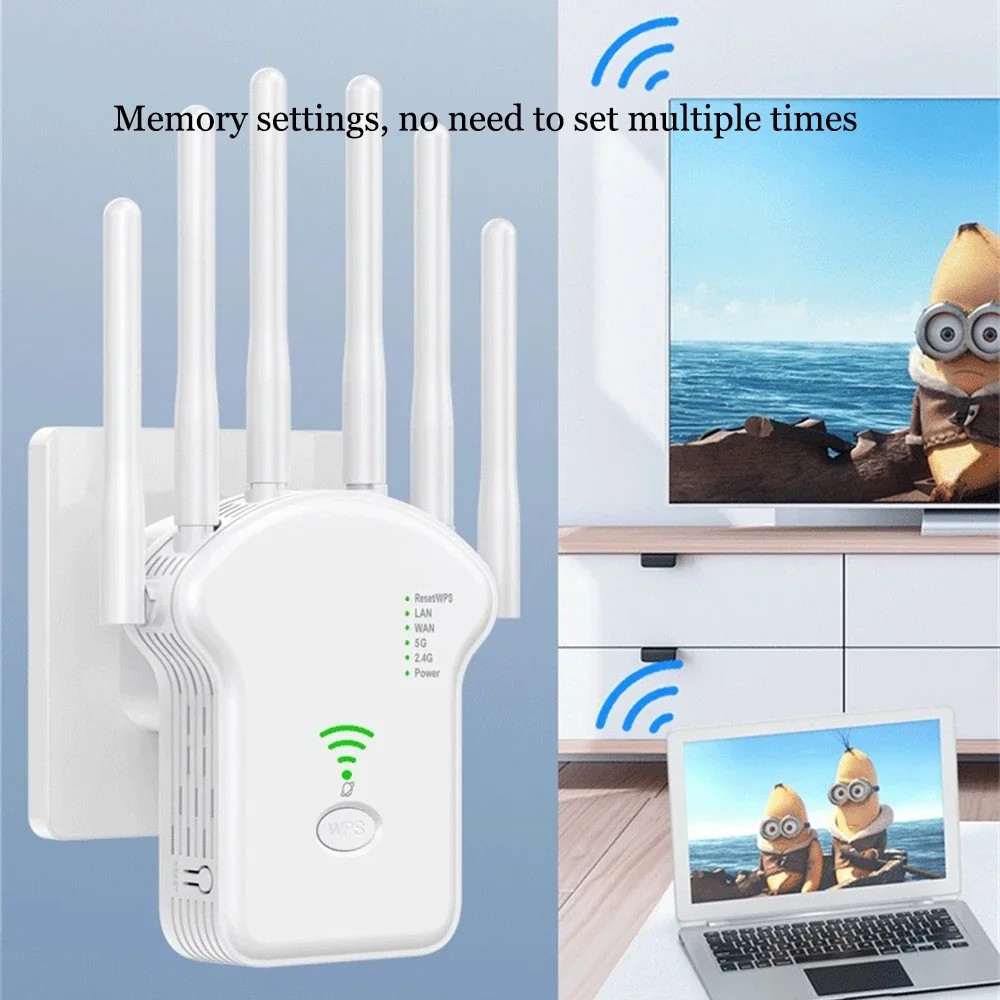 1200Mbps Wireless WiFi Repeater WiFi Signal Repeater Extender High Gain 6 Antenna Dual-Band 2.4G 5G