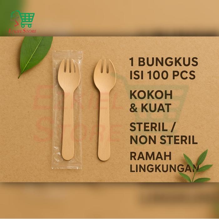 Spork Kayu Sekali Pakai Wooden Spork Sendok Garpu 2 in 1