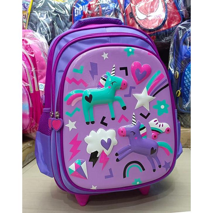 Sedia Tas SD Trolley Anak Perempuan UNICORN KUDA PONY Pirang EMBOS UNGU