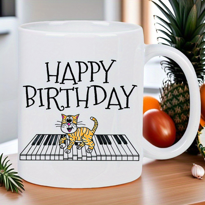 1 Happy Birthday Piano Cat Ceramic Mug - White with Black Keyboard Design, a perfect gift for music 
