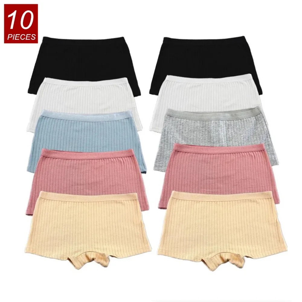 10PCS Women Boxers Underwear Ribbed Cotton Panties Sports Ladies Boyshorts Female Solid Color Cozy