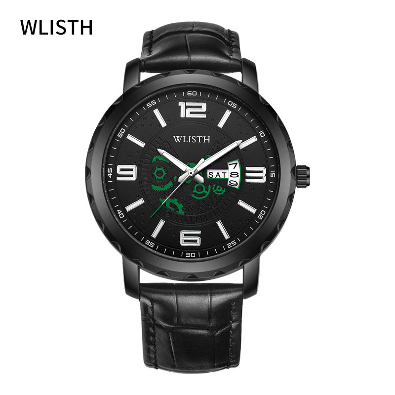 WLISTH Men's Watch, Simple Quartz, Dual Calendar, Waterproof, Leather Strap