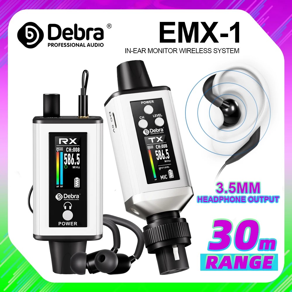 Debra Audio UHF IEM EMX-1 Wireless Monitoring System Portable Rechargeable with 16 Adjustable