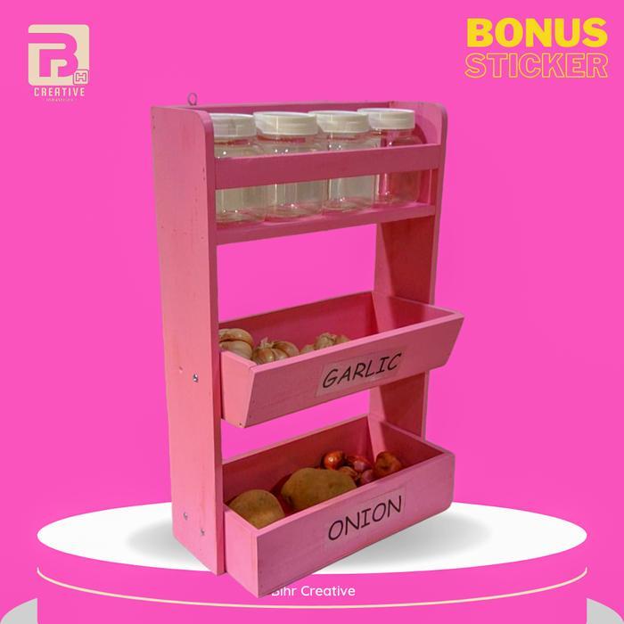 Rak Bumbu Kombinasi Rak Bawang 3 Susun Pink Kayu Estetik