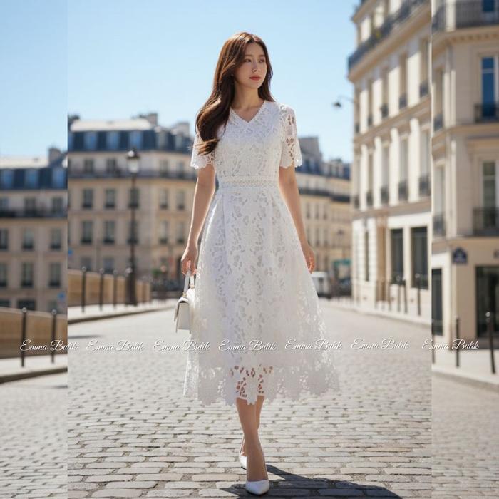 Emma.Butik E00621 Gaun Brukat Pesta Midi Dress Imlek Brokat Mewah Wanita Kondangan V-neck Cewek