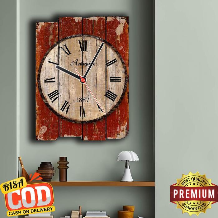 Jam Dinding Papan Kayu Lapuk Jadul Vintage Retro Desain 3D Ukuran Besar Kayu Mdf 6 Mm Digital
