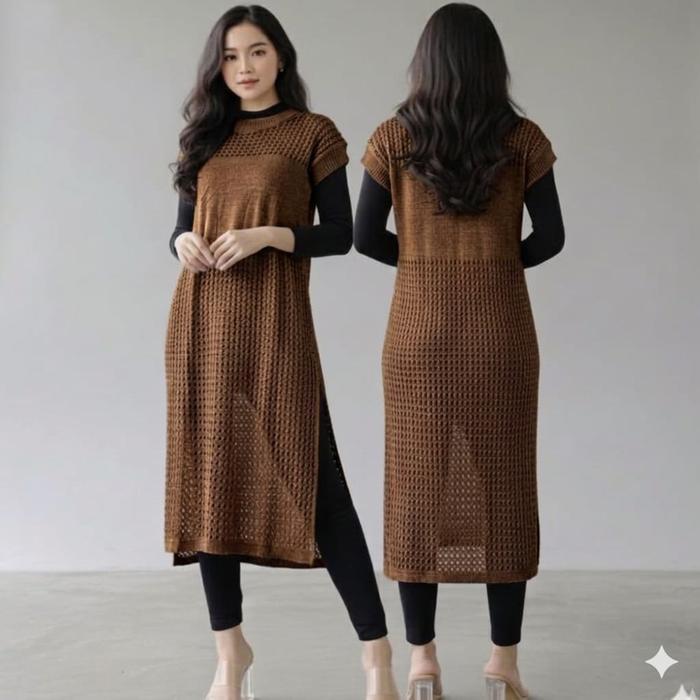 Ruby Knit Top Outher Premium Acrylic Korean Import - Tunik Rajut Jaring Wanita Belah Samping Tanpa