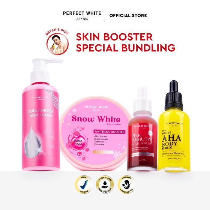 4Pcs Perfect White 50Ml Aha Body Serum + Pink Arbutin Pome Serum + Collamoist + Snow White Perawatan