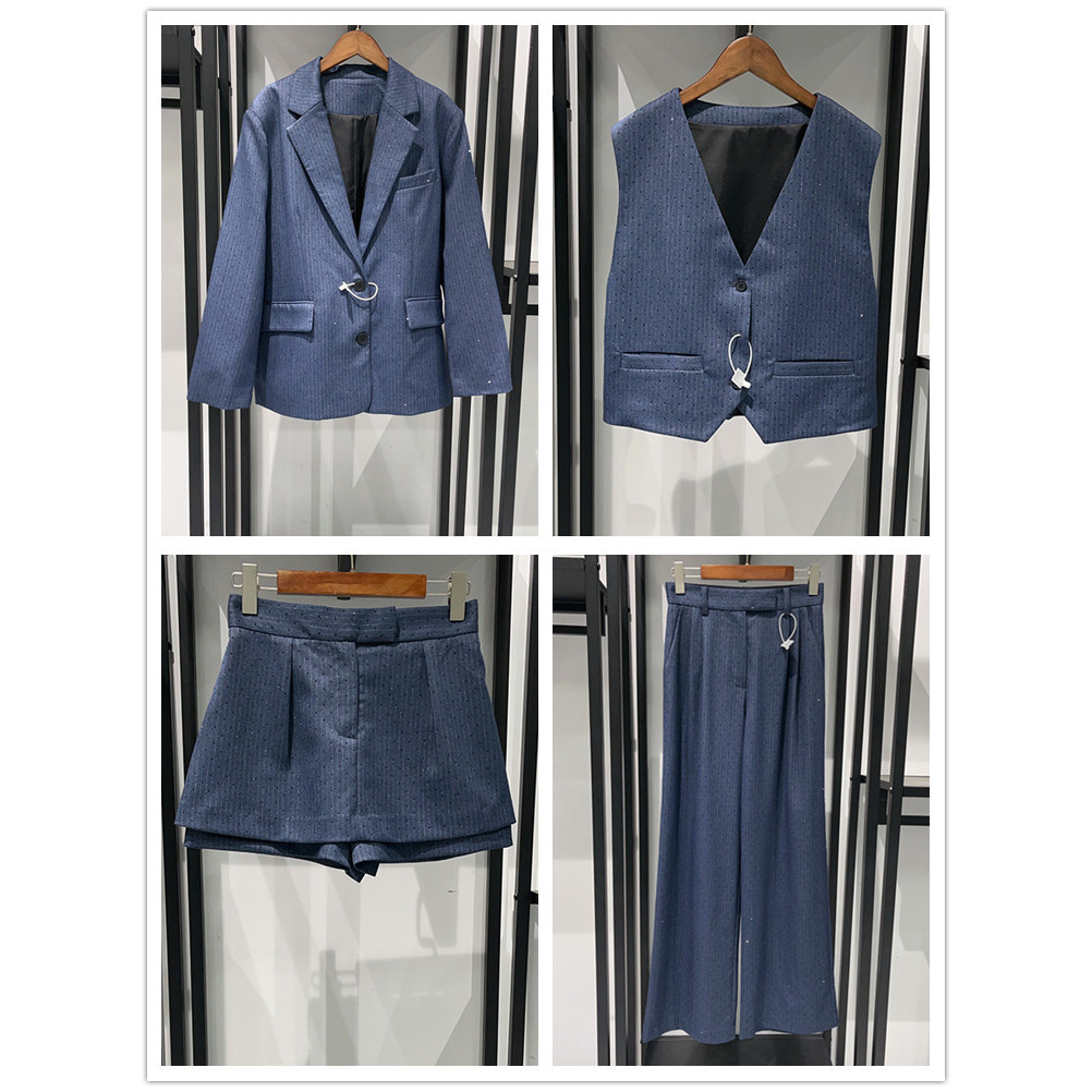Blazer Wanita Tanpa Lengan dengan Hiasan Berlian dan Strip, Cocok untuk Celana Pendek, Rok, atau Set