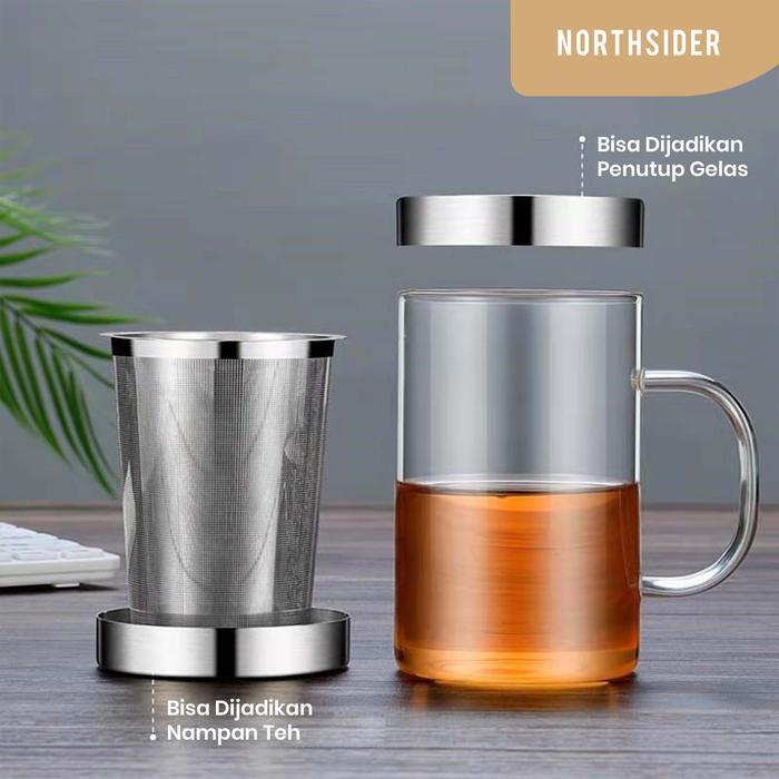 Gelas Cangkir Teh Kaca 400Ml Saringan Dan Tutup Stainless Steel