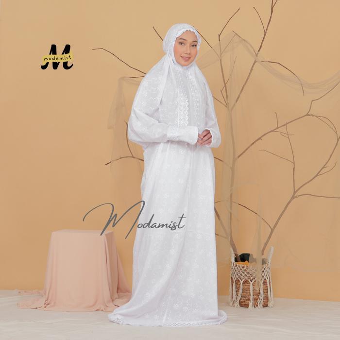 Top Mukena Terusan Katun Paris Putih Full Bordir Renda Cantik Mewah