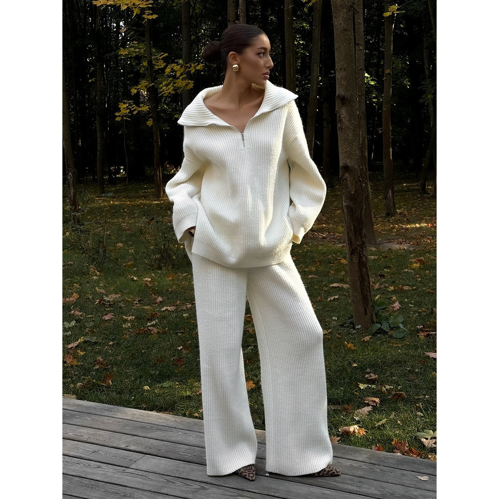 2025 Women's New Autumn Winter Collared Half Zip Ribbed Knit 2-Piece Set Oversized Wide Leg Pants