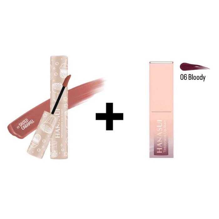 PAKET HEMAT OMBRE (sbloody) HANASUI LIPCREAM BOBA HANASUI SALTED CARAMEL + LIPTINT HANASUI BLOODY