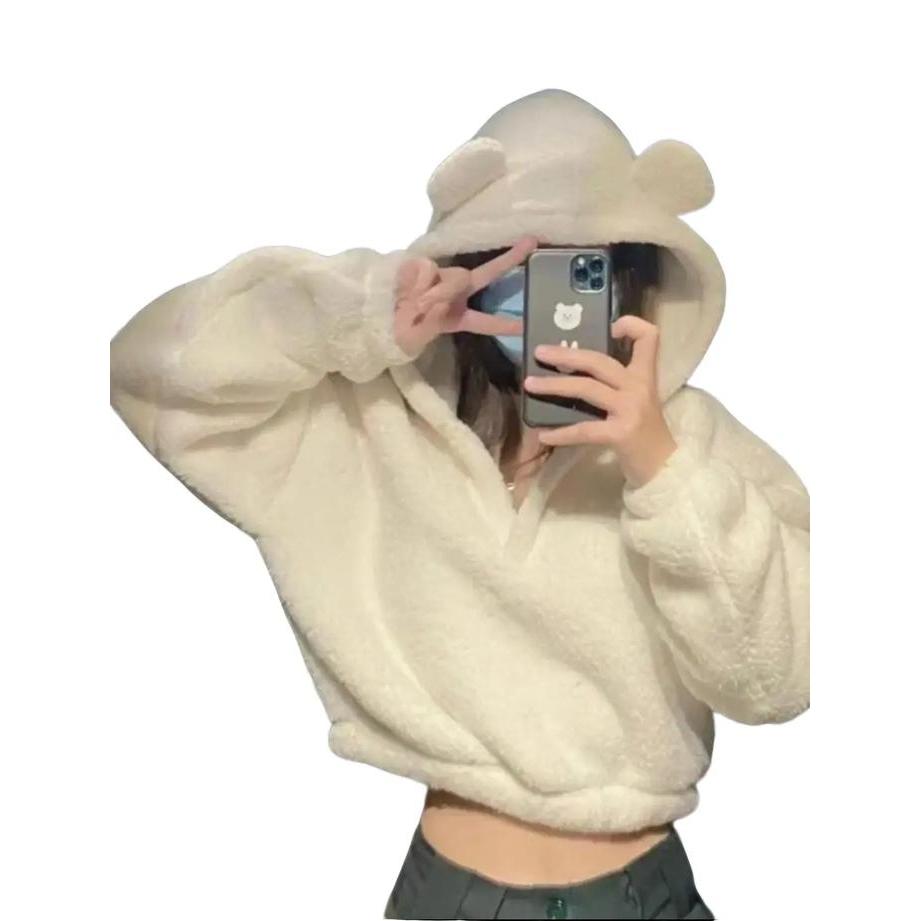 Sweater Hoodie Crope V Bear Sherpa Bulu Domba Fit Wanita Tebal Oversize Basic Cream