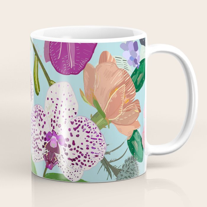 Mug Kopi Pola Anggrek, Sukulen, dan Mawar Berwarna-warni Coffee Mug