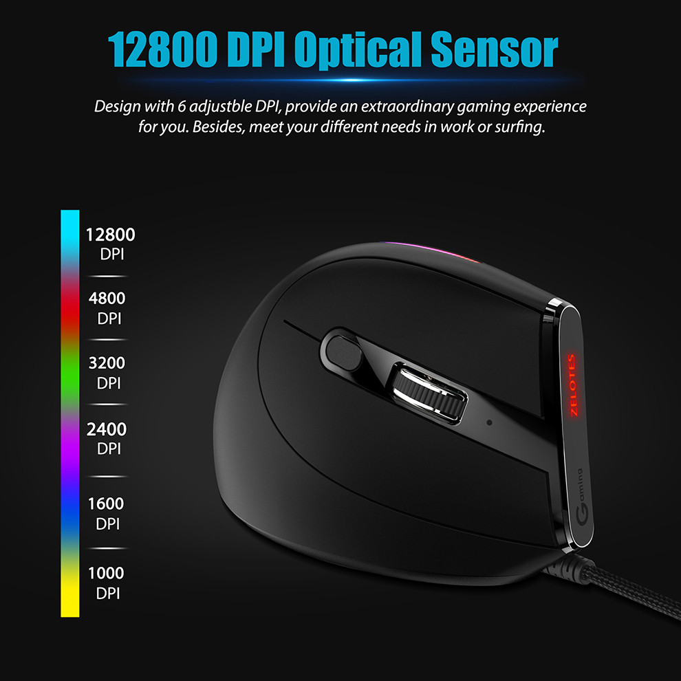 Ergonomic Wired Vertical Optical Mouse for PC/Laptop/Desktkop,12800DPI Adjustable Wired Game Mouse