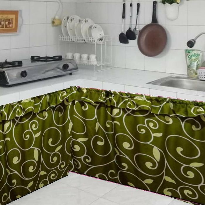 [] Diandra Hijau 95x65 cm - Gorden Kolong Dapur Polymicro Motif Daun Gratis Tali untuk Tampilan