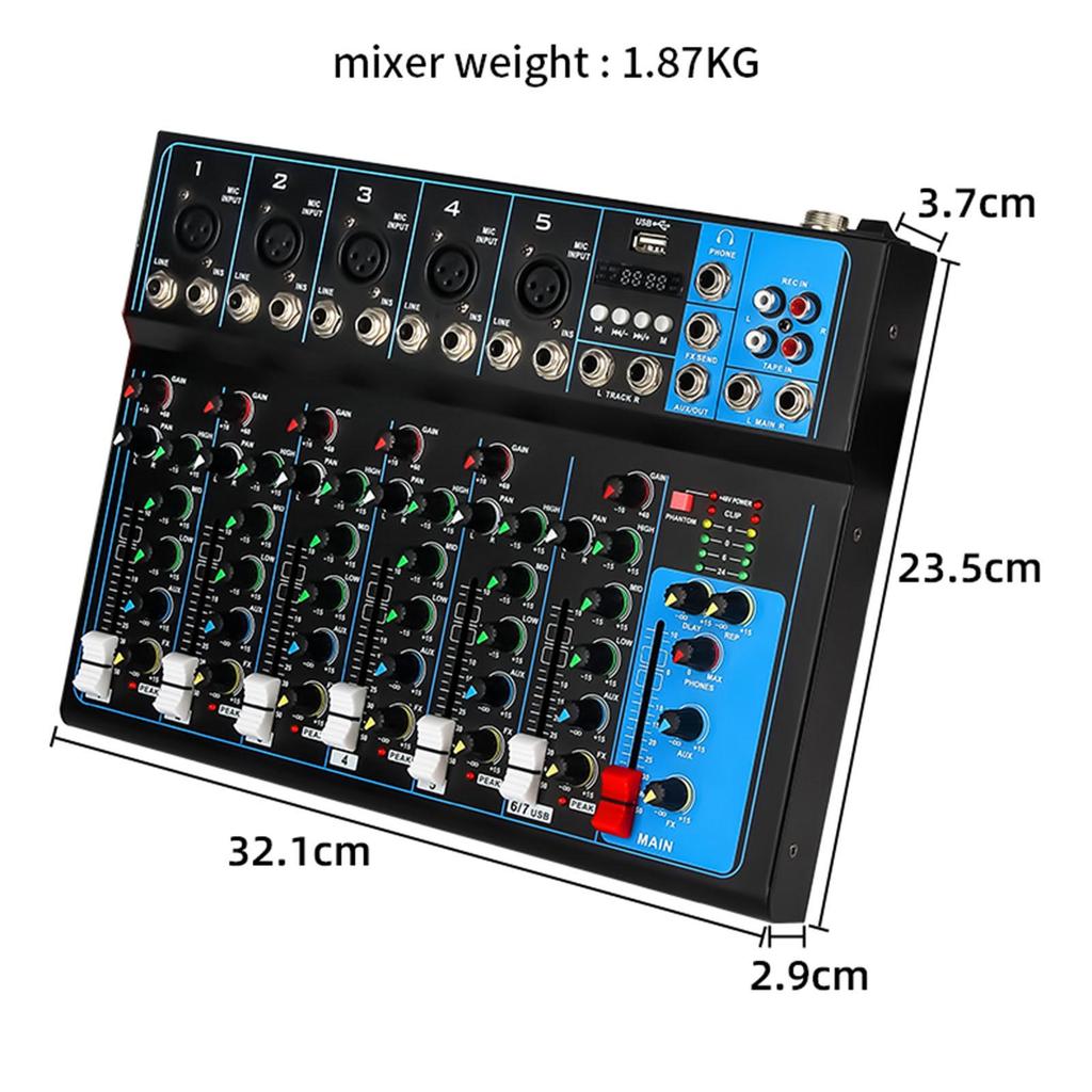 7 Channel Audio Mixer Support USB Playback Compact Sound Mixing Board Console System Mini for Music