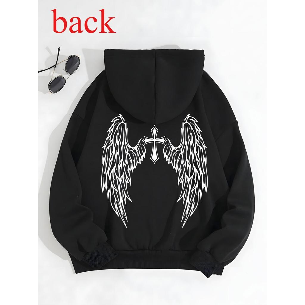 Men'S  T-shirts Sweatshirt -  Fit Pullover Hoodie with Kangaroo Pocket, Black/White Winged Cross Gra