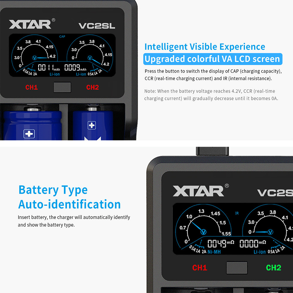 XTAR Power Bank 18650 Battery Charger VC2SL USB C Charging Rechargeable Li-ion Batteries 10400-26650