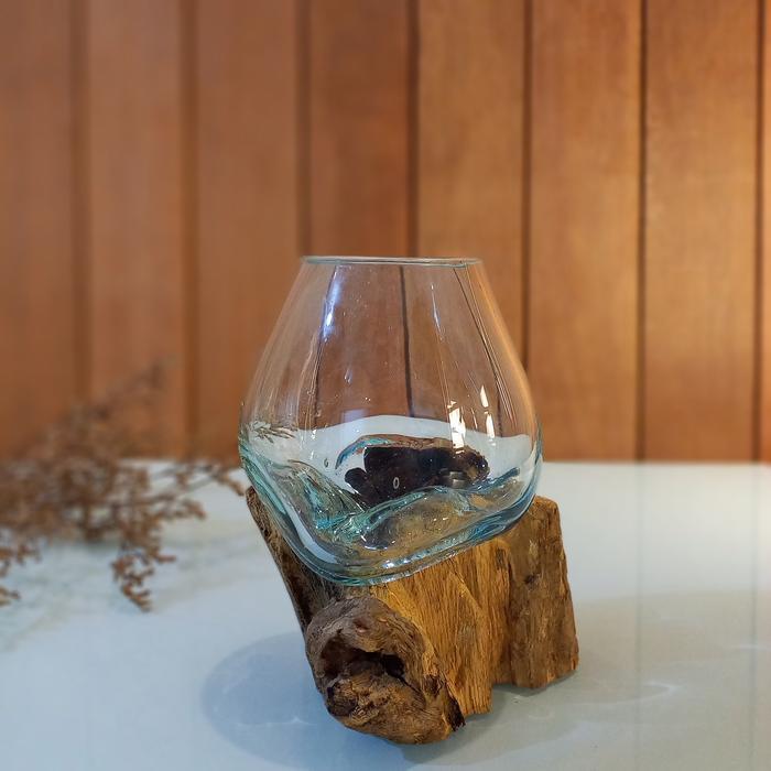 Leolle Bali Pot Bunga Kaca Tiup Kayu Gamal Melted Glass on Wood Aesthetic Vas Bunga Kaca Recycle